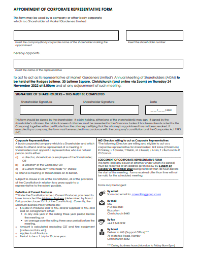 appointment of corporate representative form template
