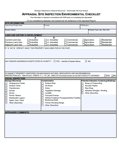 appraisal site inspection environmental checklist template