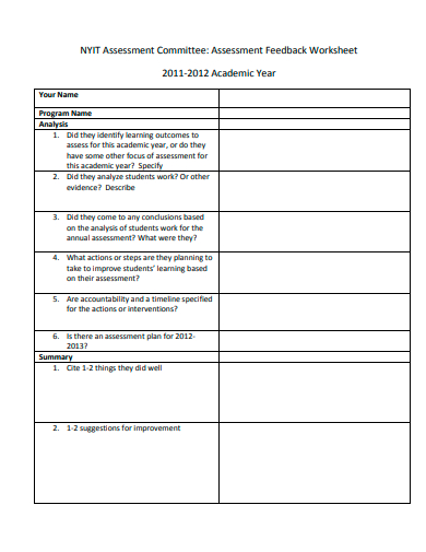 assessment feedback worksheet template