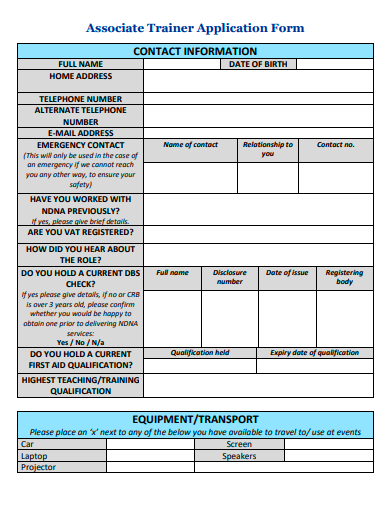 associate trainer application form template