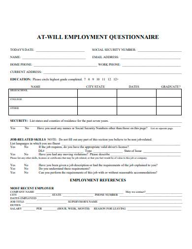 at will employment questionnaire template