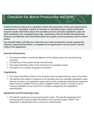 batch production records checklist template