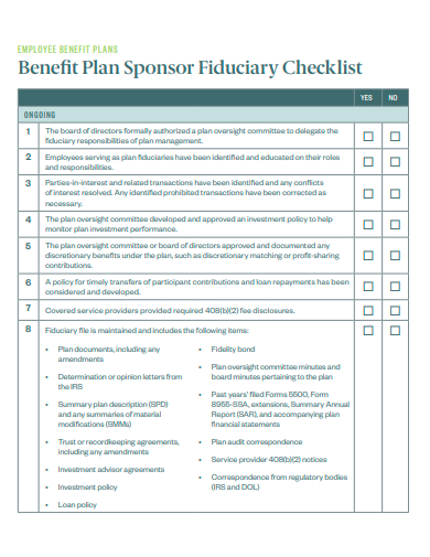 benefit plan sponsor fiduciary checklist template