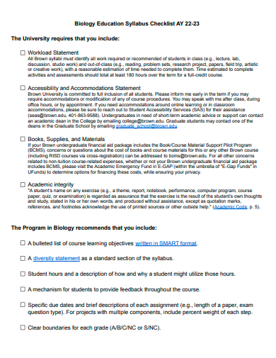 biology education syllabus checklist template