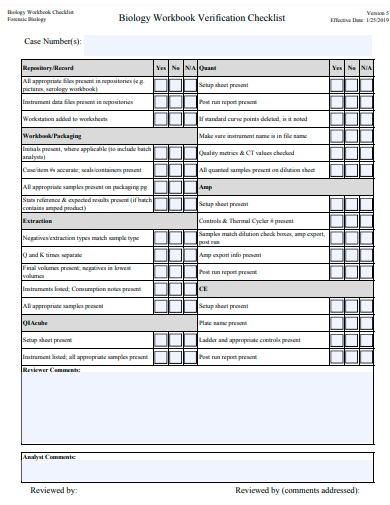 biology workbook verification checklist template