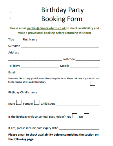 birthday party booking form template