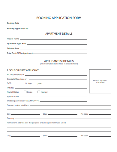 booking application form template