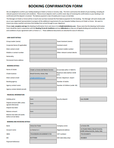 booking confirmation form template