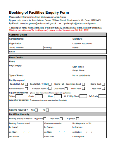 booking of facilities enquiry form template