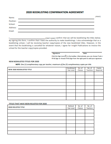 booklisting confirmation agreement template