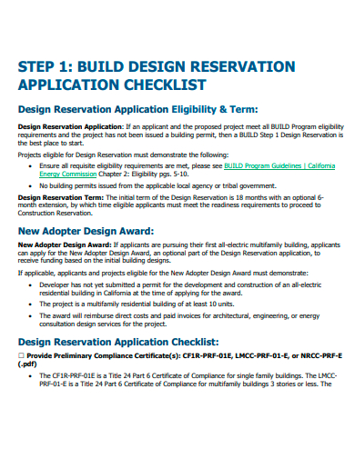 build design reservation application checklist template