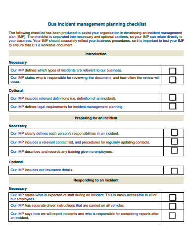 bus incident management planning checklist template