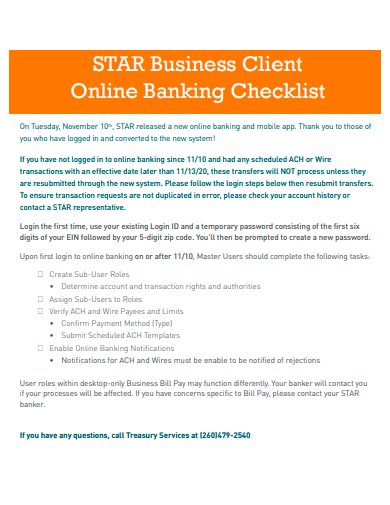 business client online banking checklist template