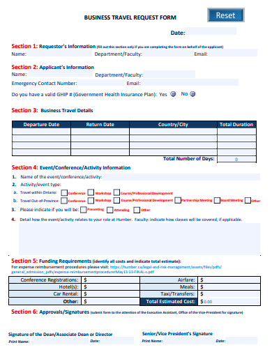business travel request form template