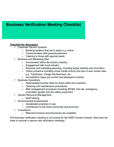 business verification meeting checklist template