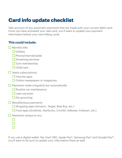 card update checklist template