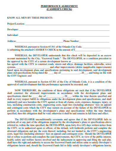 cashiers check performance agreement template