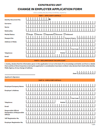 change in employer application form template