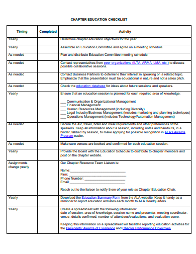 chapter education checklist template