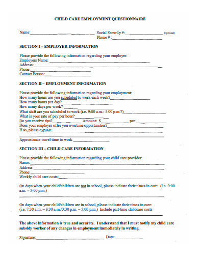 child care employment questionnaire template