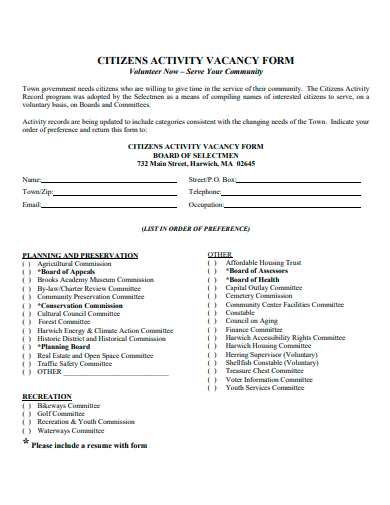 citizens activity vacancy form template