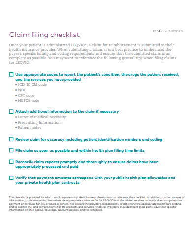 claim filing checklist template