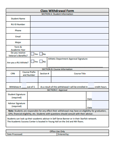 class withdrawal form template