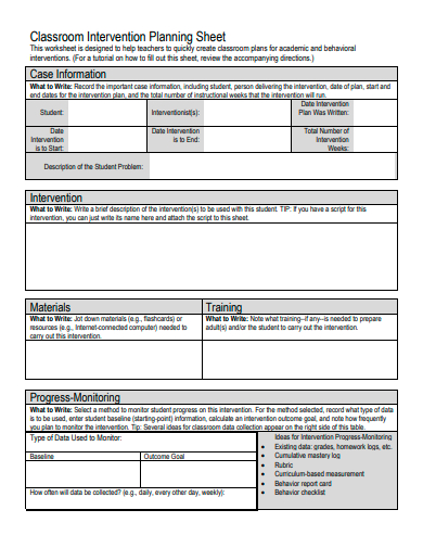 classroom intervention planning sheet template