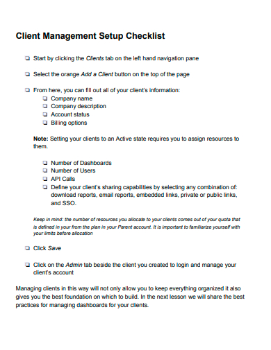 client management setup checklist template