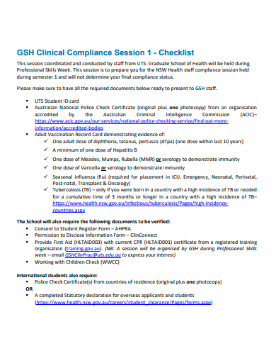 clinical compliance session checklist template