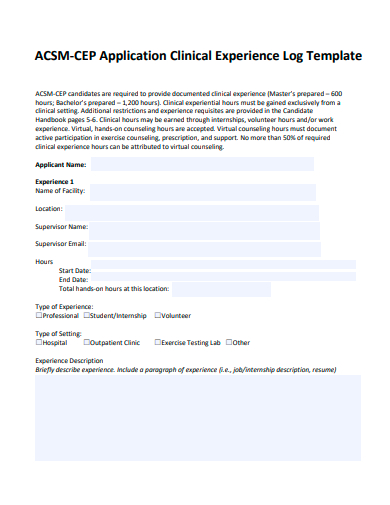 clinical experience log application template