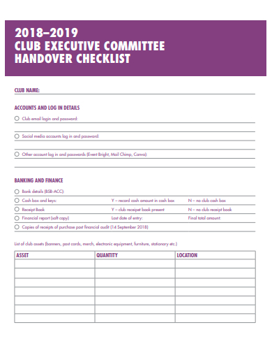 club executive committee handover checklist template