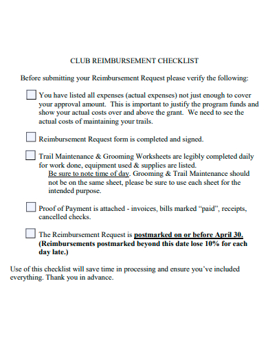 club reimbursement checklist template