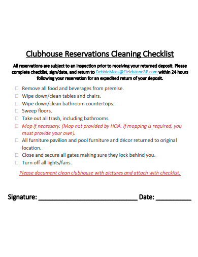 clubhouse reservations cleaning checklist template