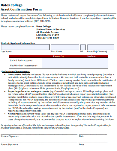 college asset confirmation form template