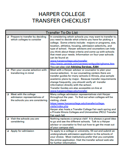 college transfer checklist template