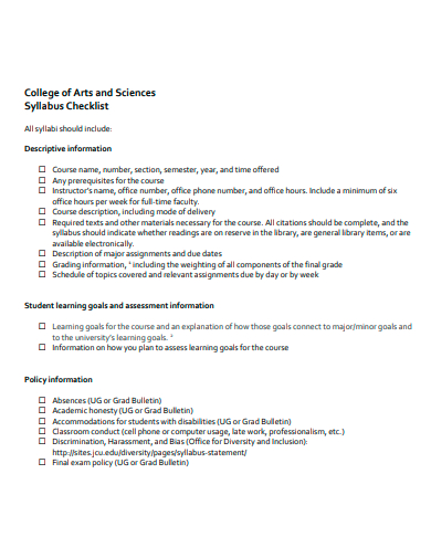 college of arts and sciences syllabus checklist template