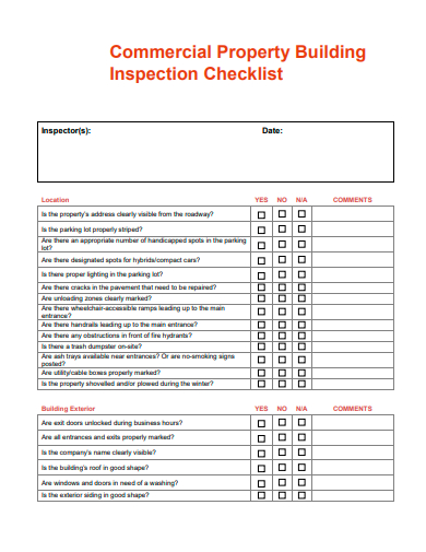 commercial property building inspection checklist template