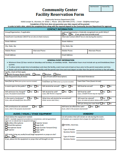 community center facility reservation form template