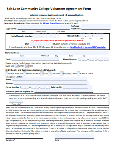 community college volunteer agreement form template
