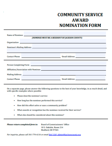 community service award nomination form template