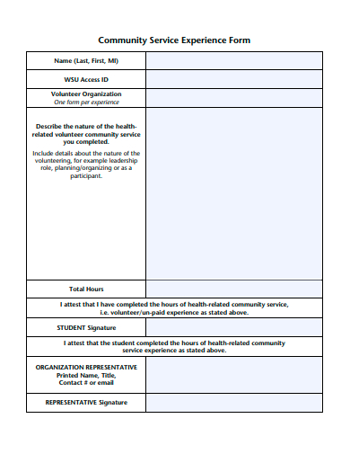 community service experience form template
