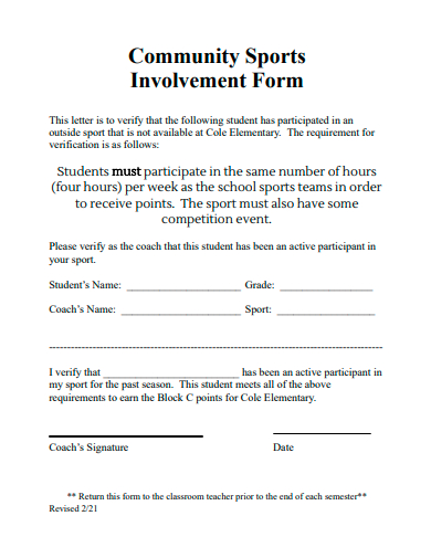 community sports involvement form template