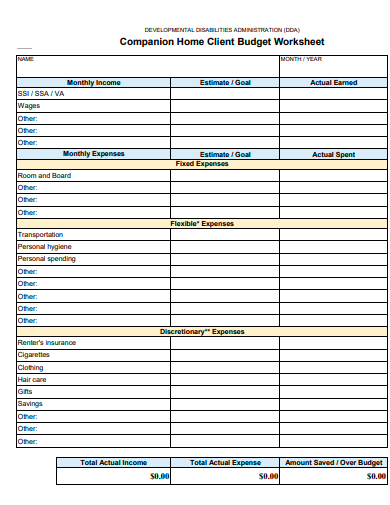 companion home client budget worksheet template
