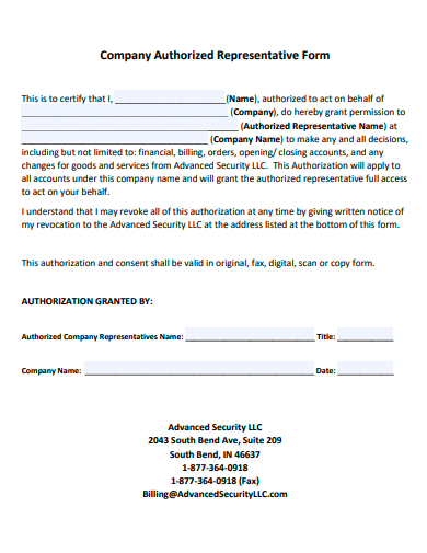 company authorized representative form template