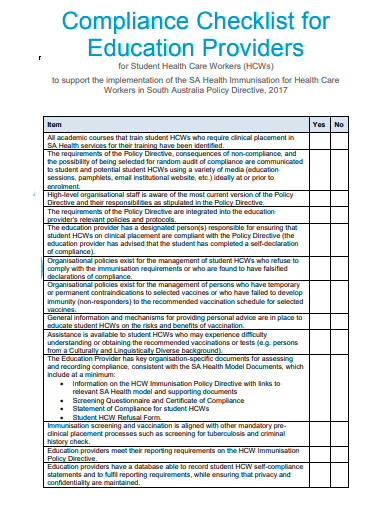 compliance checklist for education providers template
