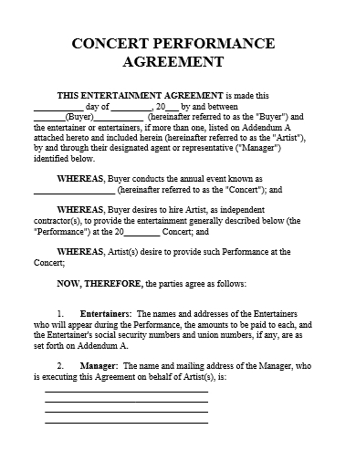 concert performance agreement template