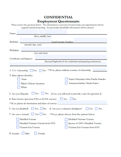 confidential employment questionnaire template