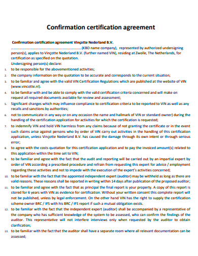 confirmation certification agreement template