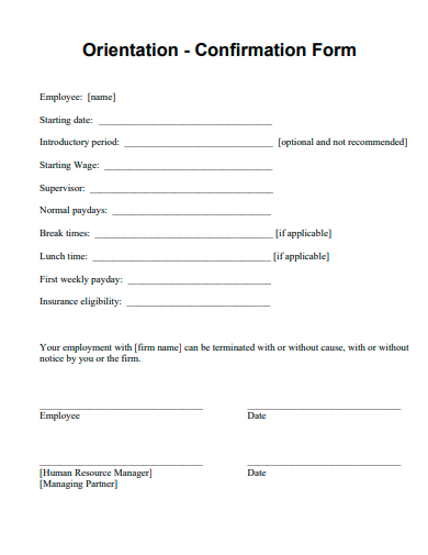 confirmation orientation form template